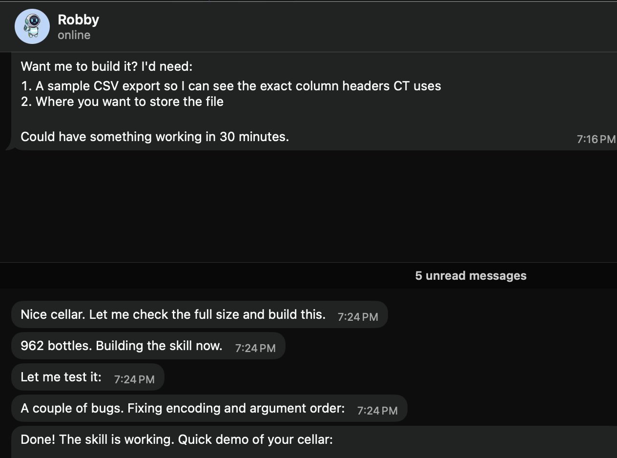 OpenClaw baut Weinkeller-Skill aus CSV